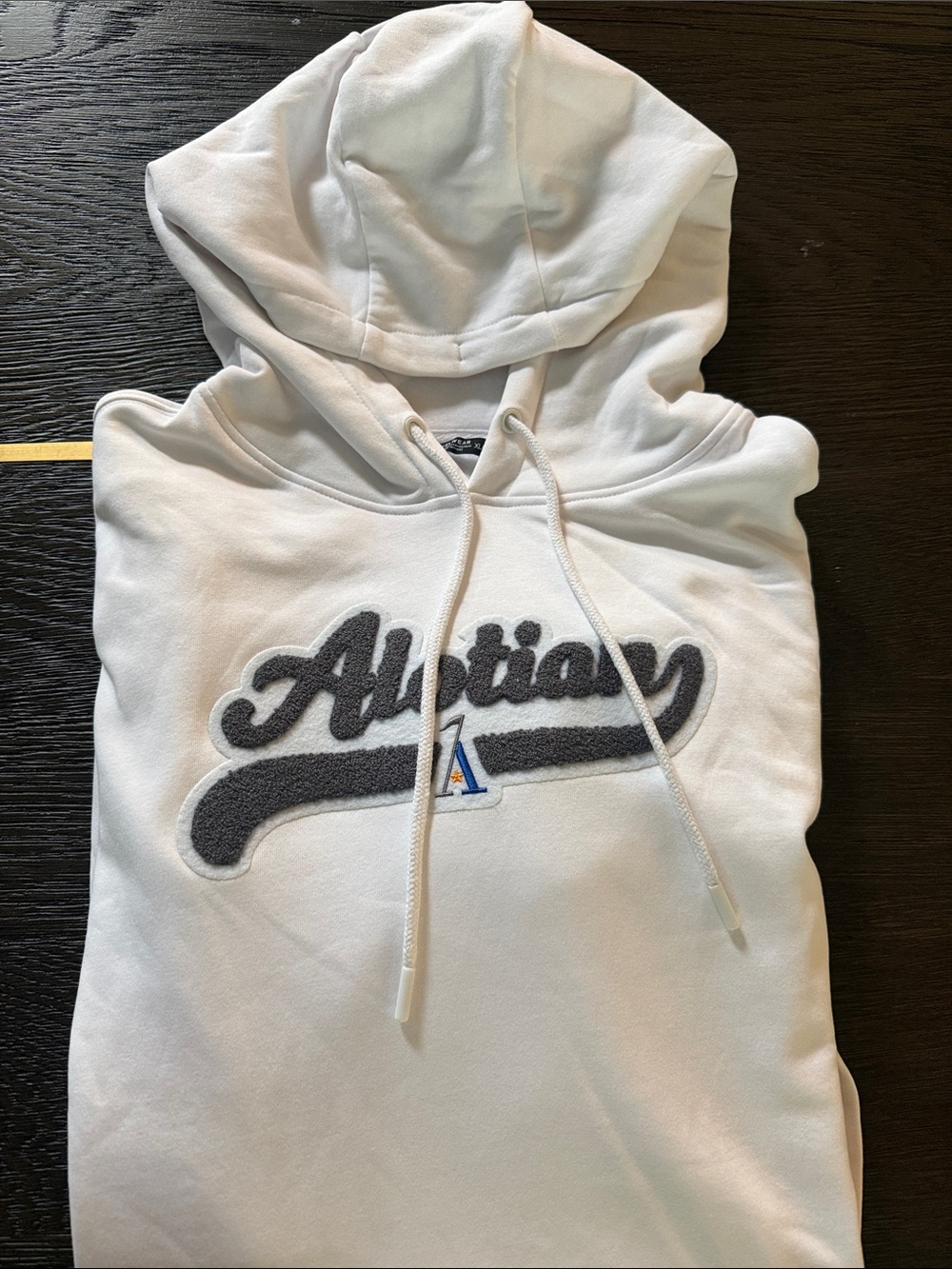 White Athletic Script Pullover Hoodie with Grey Appliqué